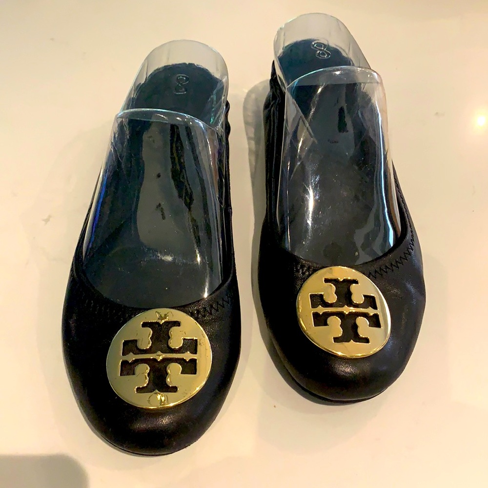 Tory Burch Black Leather Ballet Flats with Gold Logo Medallions